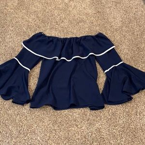 Cute, sailor inspired, navy off the shoulder top.
